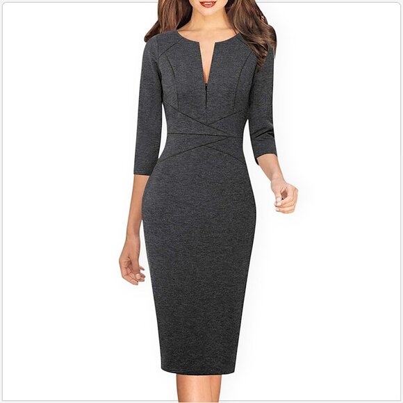 Vfshow Charcoal Gray Zip Neckline 3/4 Sleeve Stretch Knit Bodycon Dress New S - Picture 1 of 7